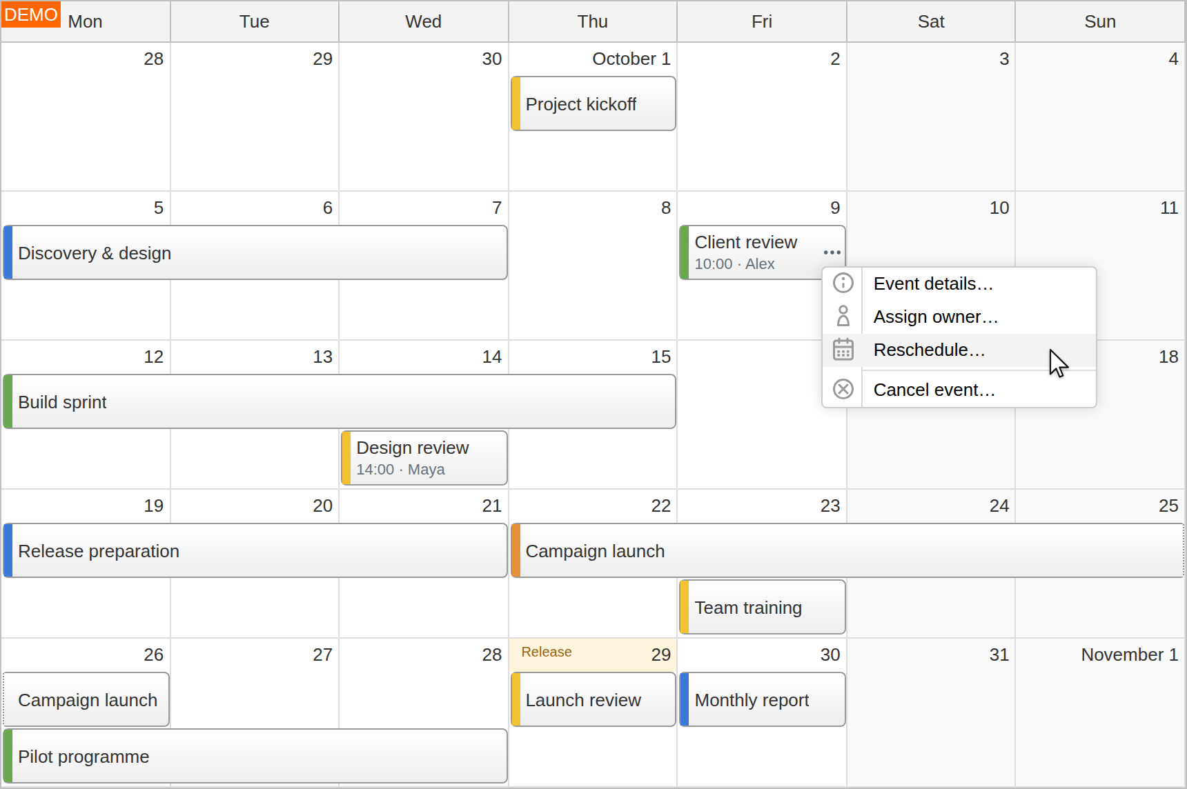 JavaScript Monthly Calendar with Multi Day Events and Task Actions