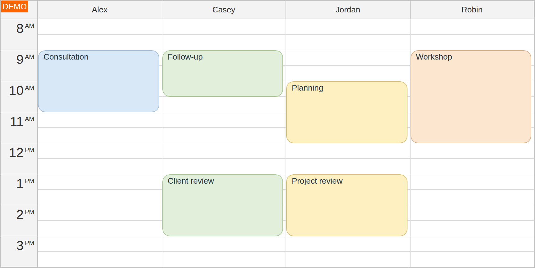 Resource calendar with Alex, Casey, Jordan and Robin as columns and six morning and afternoon appointments.