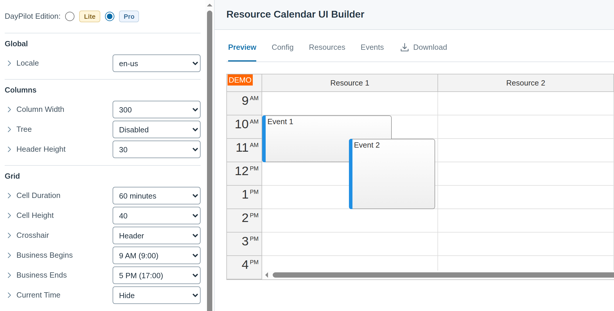 JavaScript Resource Calendar UI Builder