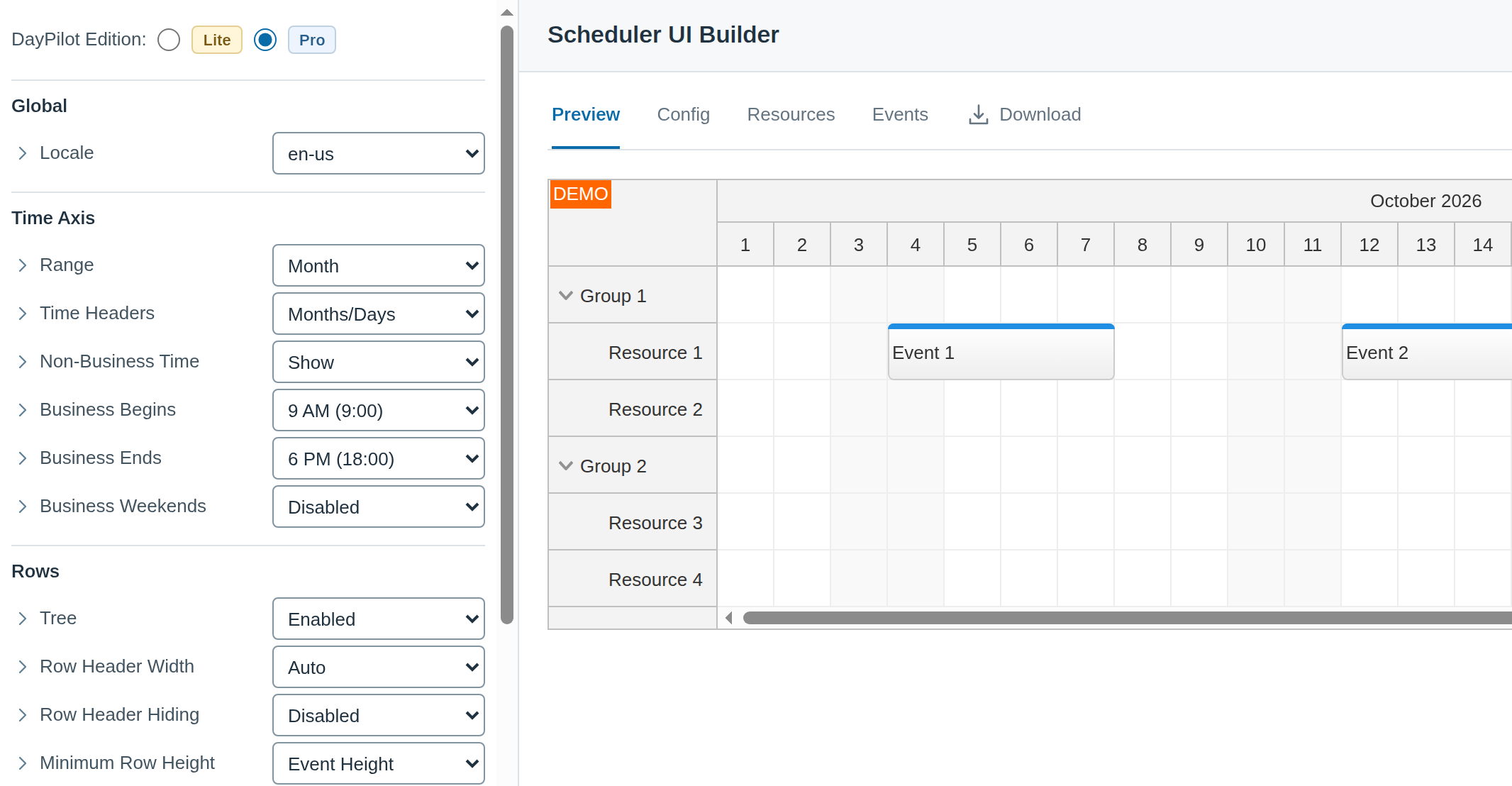 Scheduler UI Builder with configuration controls, a live preview and Download tab