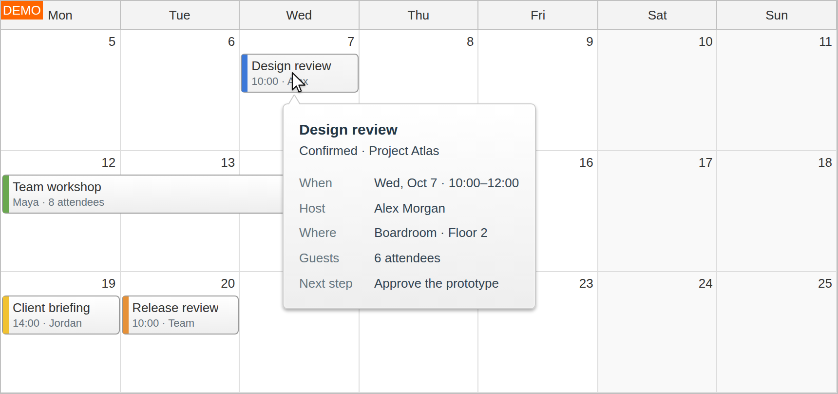 JavaScript Monthly Calendar Event Details and Bubble