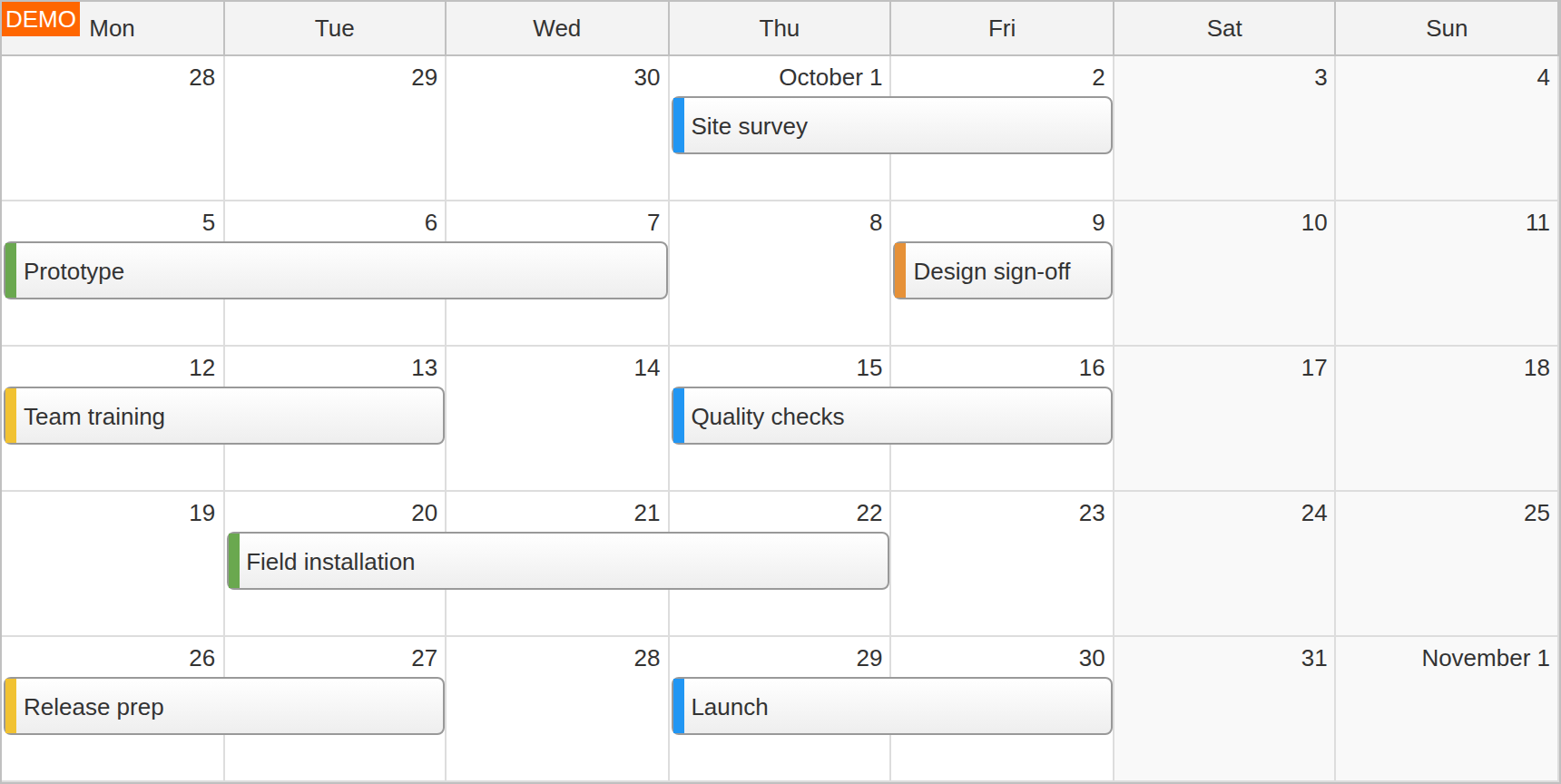 JavaScript Month Calendar with Activities Spanning Multiple Days JavaScript Month Calendar with Activities Spanning Multiple Days