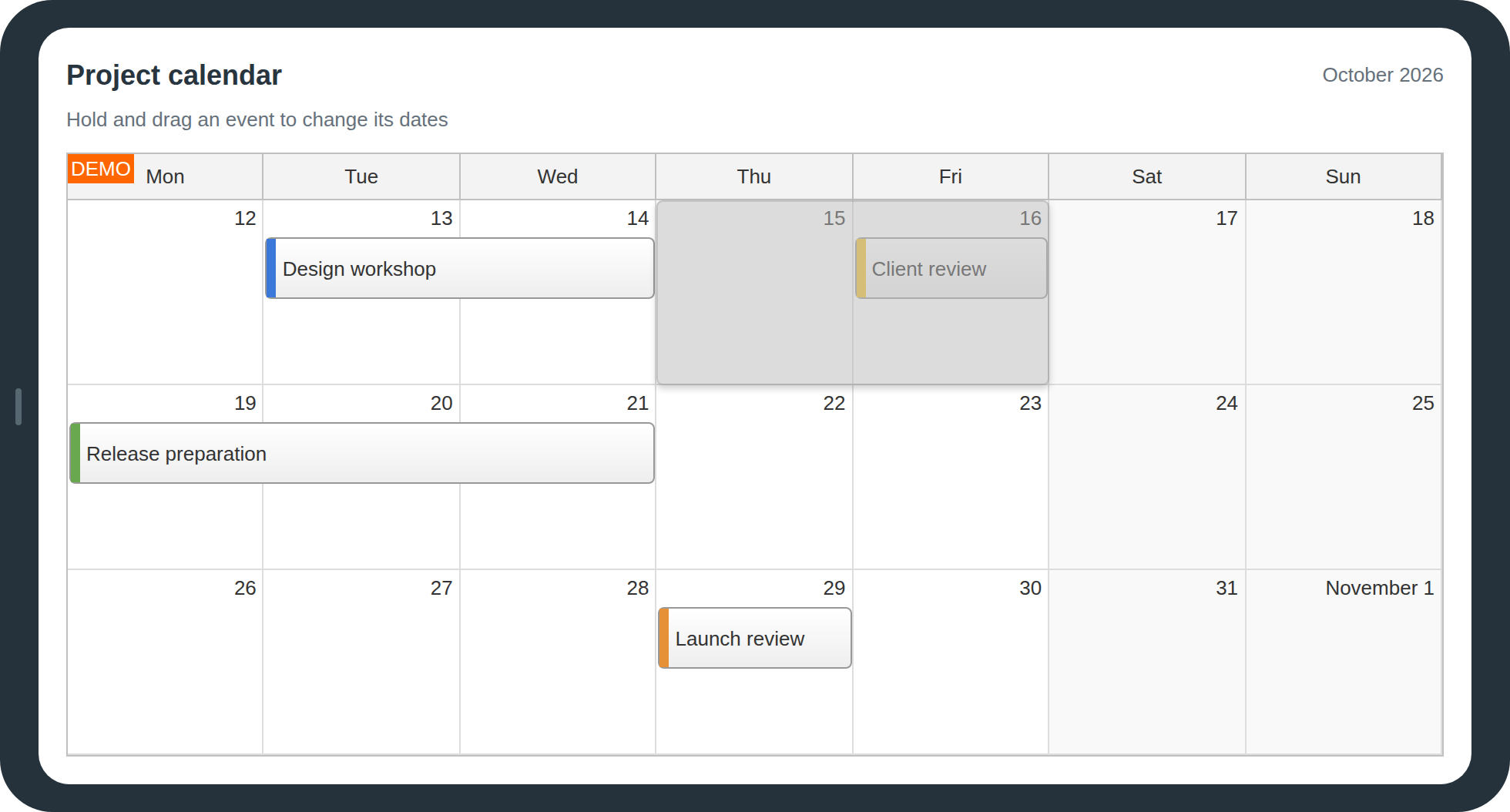 JavaScript Monthly Calendar Touch Editing on a Landscape Tablet