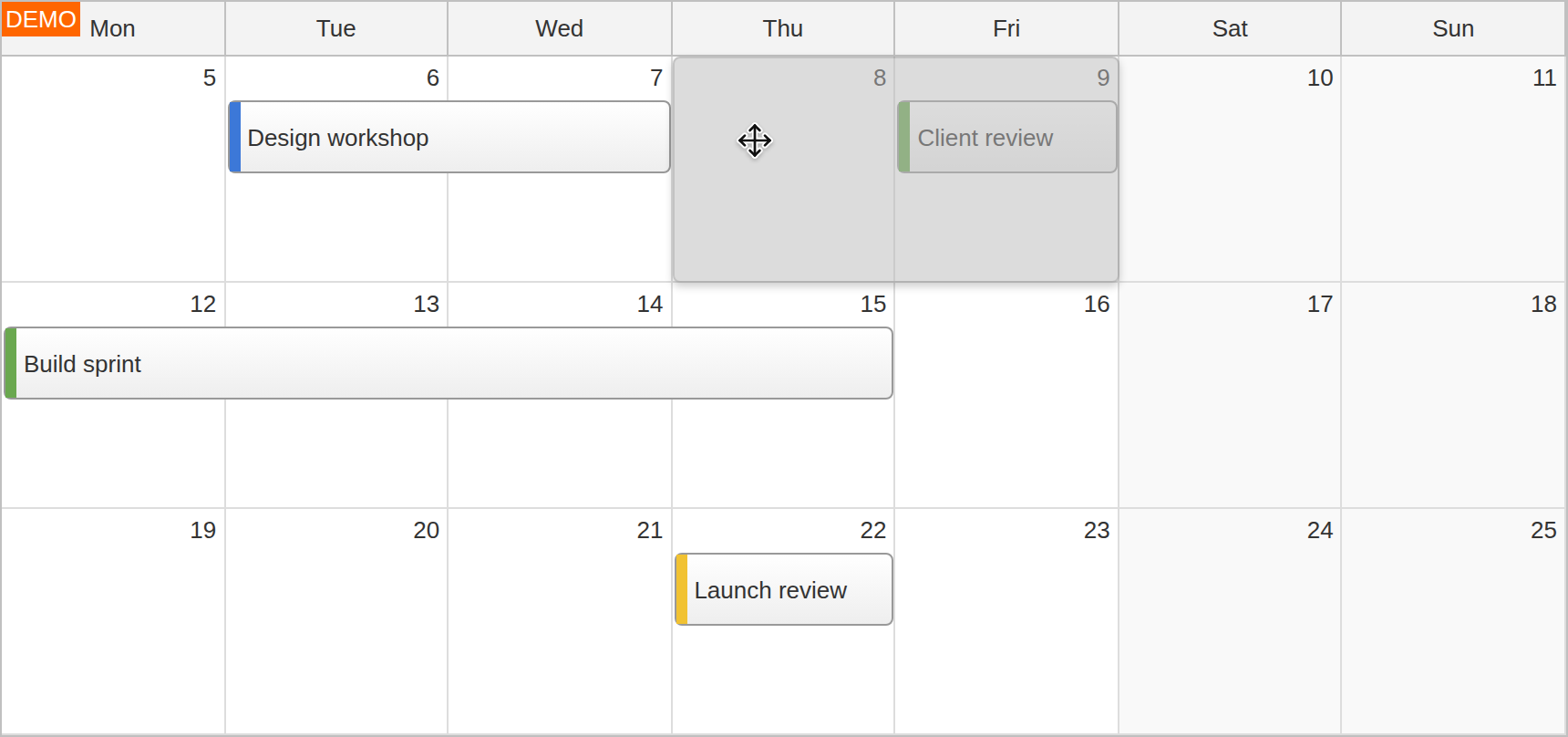 JavaScript Monthly Calendar Drag and Drop Event Moving