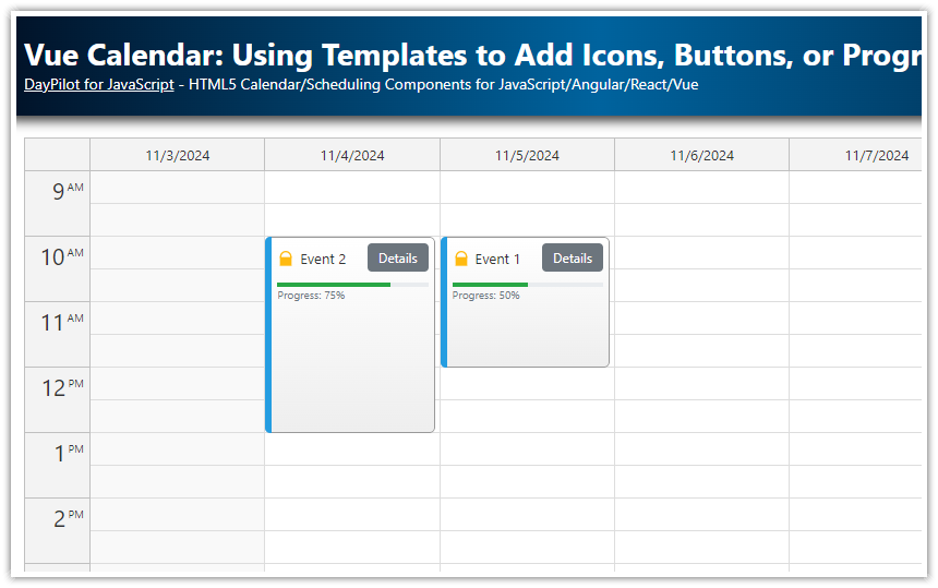 Open-Source Vue Calendar - Using Templates to Add Icons, Buttons, or Progress Bars to Events