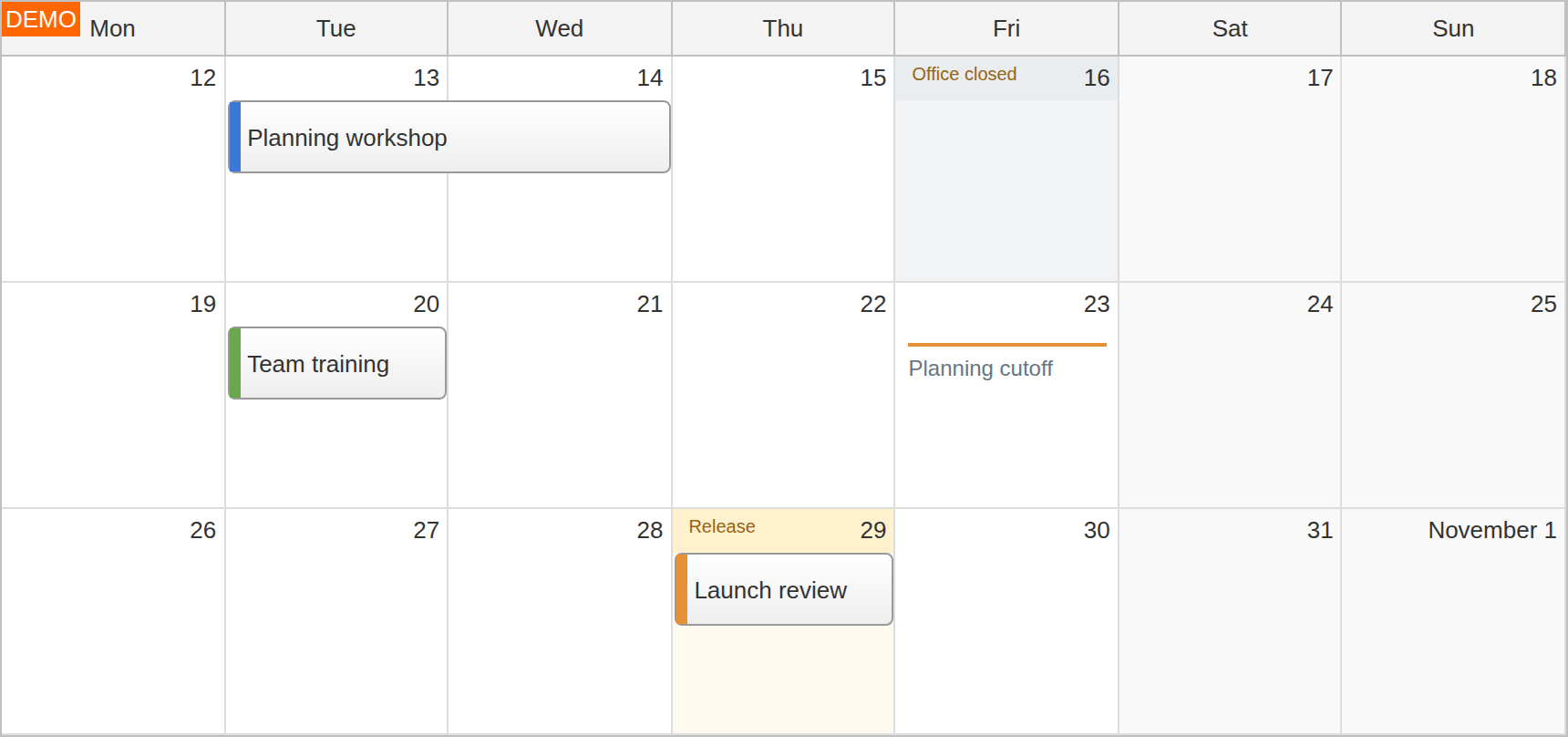 JavaScript Monthly Calendar Custom Date Cells and Unavailable Days