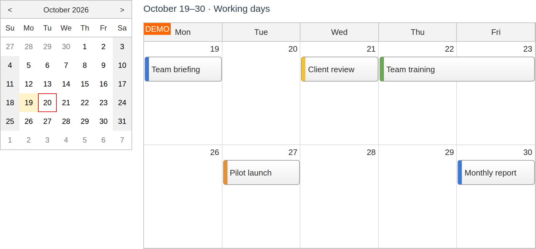 JavaScript Monthly Calendar with Navigator and Working Weeks