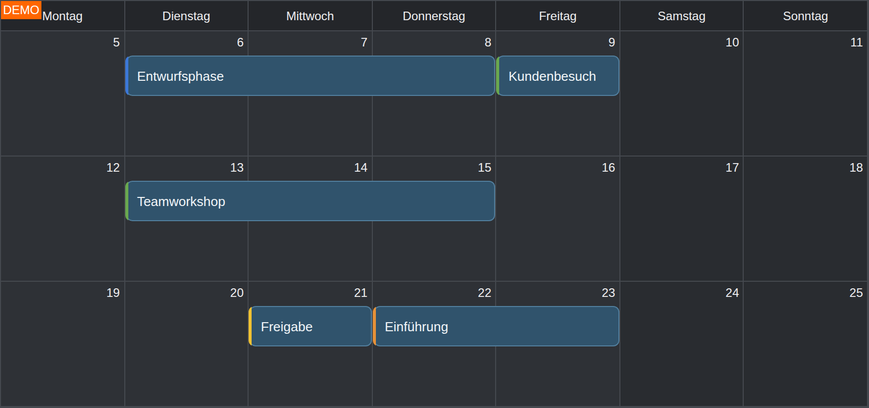 JavaScript Monthly Calendar Dark Theme and German Localization