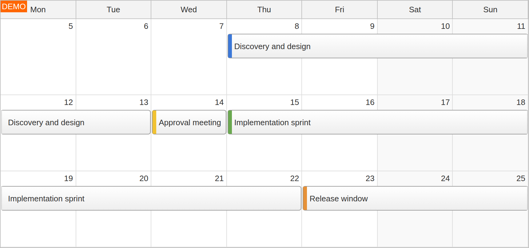 JavaScript Monthly Calendar Multi Day Event Continuation
