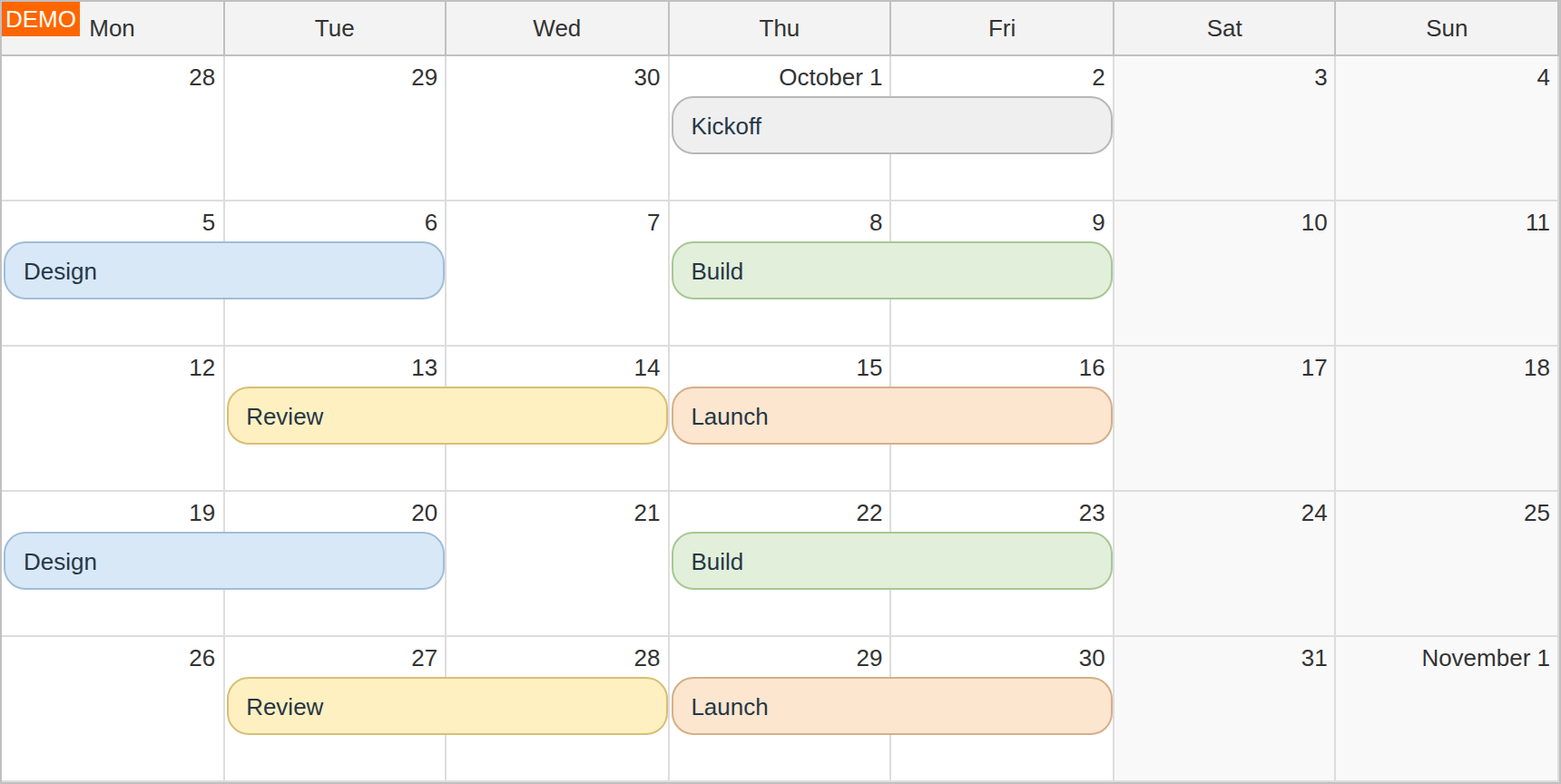 October 2026 month grid with Kickoff, Design, Build, Review and Launch phases grouped within each week.