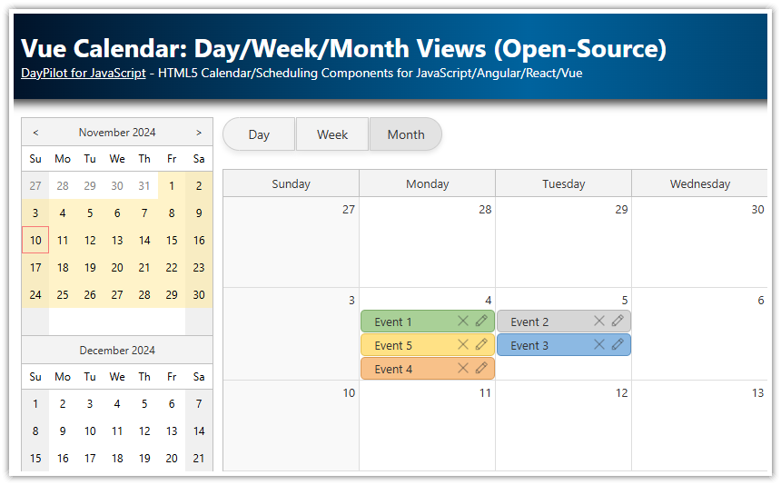 Vue Calendar - Day, Week, and Month Views (Open-Source)