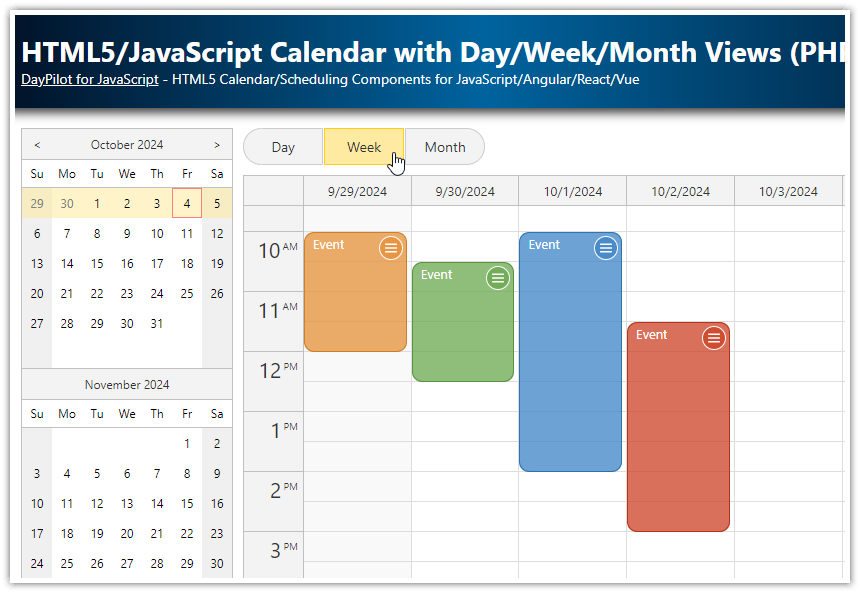 html5 javascript event calendar day week month php mysql