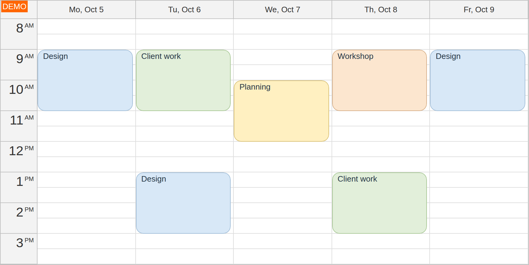 October 5–9 workweek with seven Design, Client work, Planning and Workshop appointments on a shared time axis.