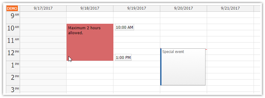 javascript event calendar time range selecting