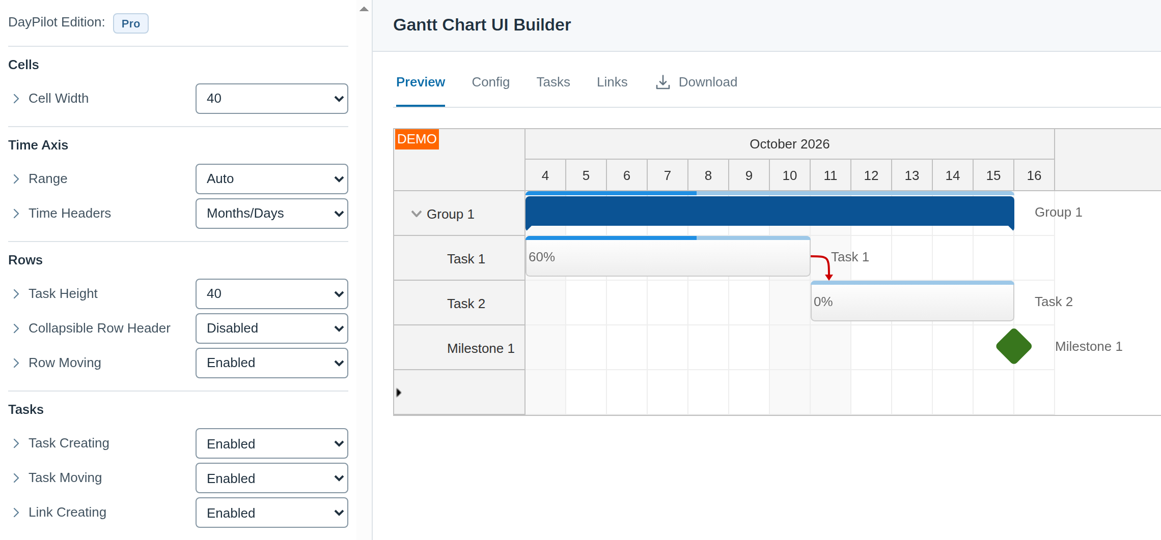JavaScript Gantt UI Builder with Configuration and Live Preview JavaScript Gantt UI Builder with Configuration and Live Preview