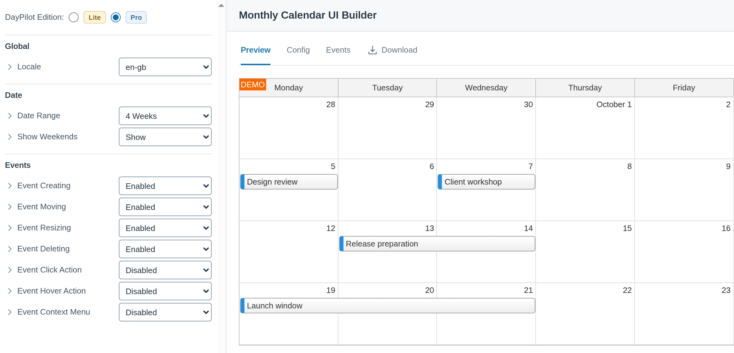 JavaScript Monthly Calendar UI Builder with Configuration and Live Preview